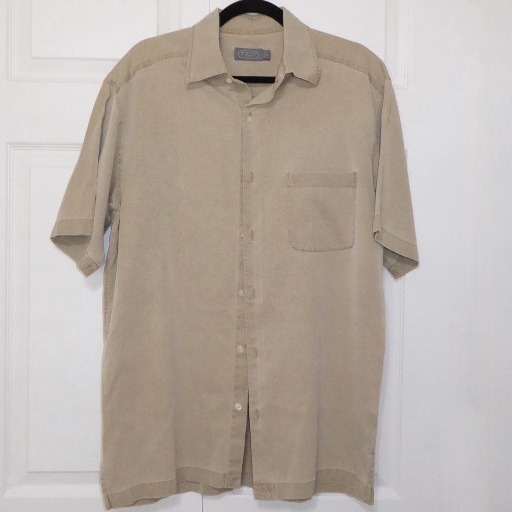 MENS TAN SILK SHIRT SHORT SLV WASHABLE TALBOTS VINTAGE MICRO DIAMOND PATTERN M